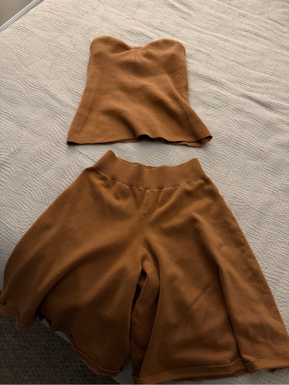 Free People Ribbed Flared Skirt Set - Cognac Brown